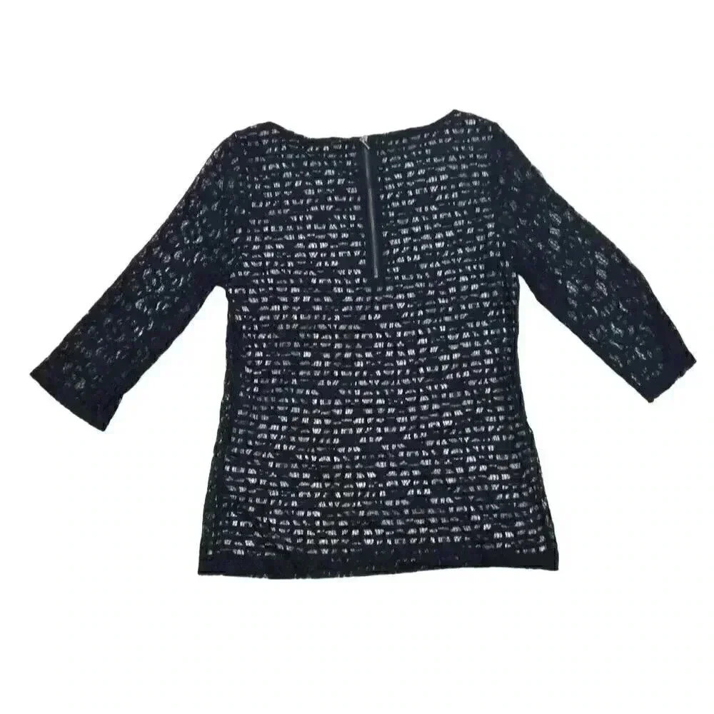Banana Republic Black Lace Stripe Blouse Size 6 3/4 Sleeve Back Zip - Picture 2 of 5